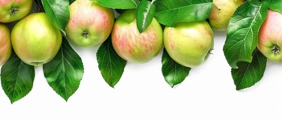   Apples with green leaves on white background, text in bottom-right corner