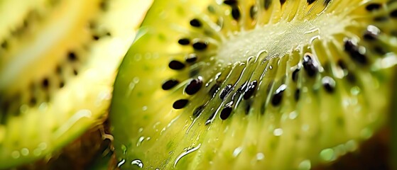   A detailed image of a cut kiwi fruit with droplets of moisture on its interior