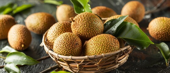  A basket containing lychee fruit is situated on a wooden table, near a leafy green plant - obrazy, fototapety, plakaty