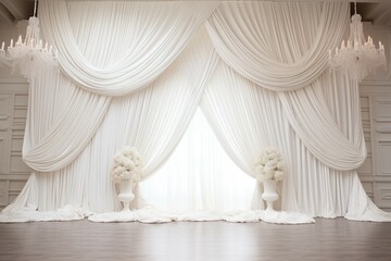 Elegant white draped theater curtains - obrazy, fototapety, plakaty