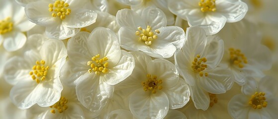   A close-up image of several white flowers featuring yellow stamens within their petals