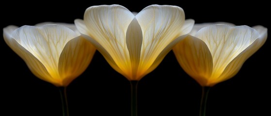   Three white flowers on a black background with a white flower in the center