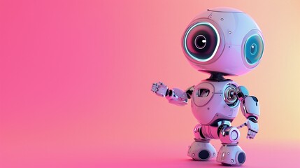 cute android robot pointing fingers at copy space on color background