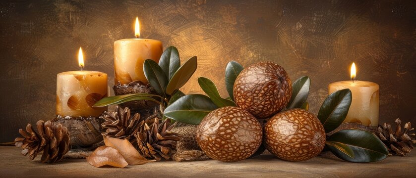   A cluster of lit candles resting on a table alongside a heap of pine cones