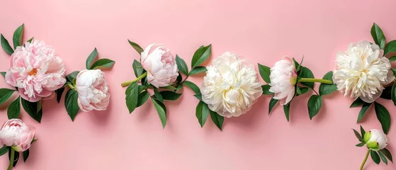 Deurstickers   A cluster of white and pink peonies against a pink backdrop with lush green foliage on the uppermost parts of the blooms © Jevjenijs