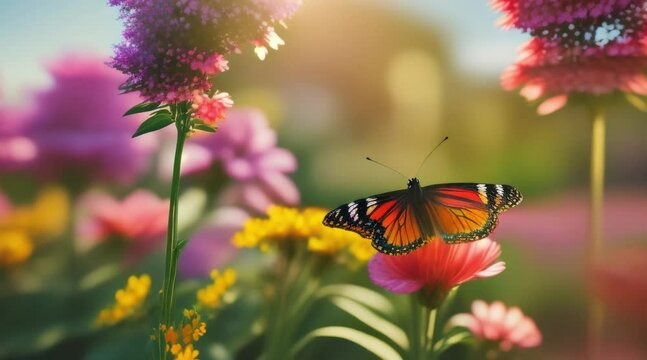 animation, motion effect, Flower garden with butterflies,  60 fps 8 sec,
