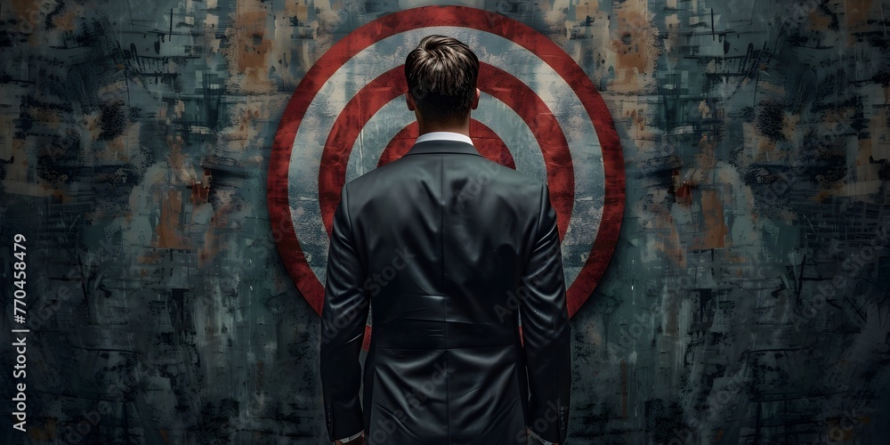 Poster a business suit with a target on the back representing backstabbing in the corporate world with copy