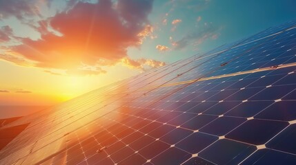 Photovoltaic panels for renewable electric production at sunset, close-up