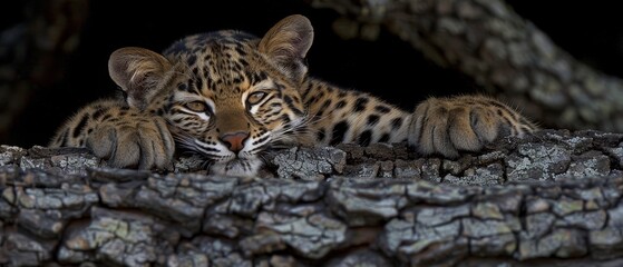   A photo of a feline resting atop a tree limb beside a rocky outcropping, with a tree in the backdrop