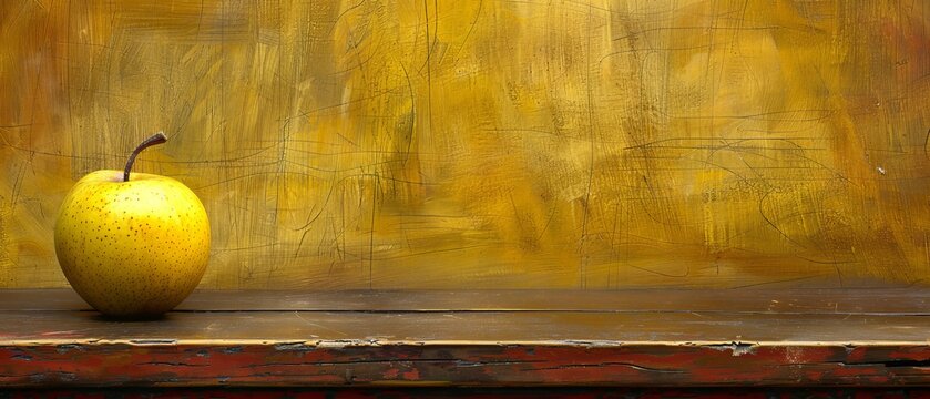   An apple rests atop a wooden table against a yellow backdrop in a painting