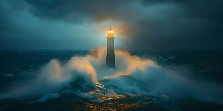 Lighthouse Beacon Shining Over Stormy Seas Offering Guidance Through Raging Nature s Might