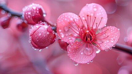   A sharp image of a pink flower with water droplets on its petals and a soft pink backdrop of blooming flowers
