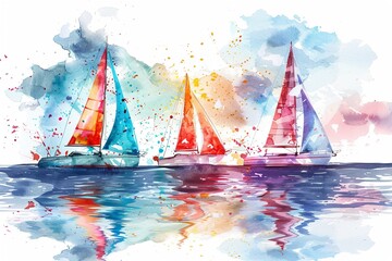 Easter bunnies in a sailboat race, dynamic watercolors, low angle, sparkling water reflections