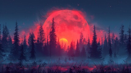   A painting depicts a luminous red moon hovering above a dense forest, with majestic pine trees framing the scene in the foreground, while a complete moon graces the background
