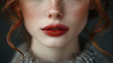   Close-up portrait of a woman with freckled hair and makeup