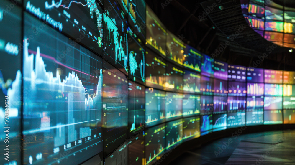 Poster a series of large monitors presenting colorful and complex stock market analytics in an control cent