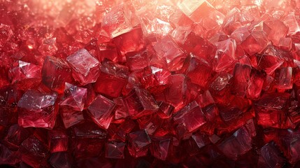   Large pile of red glass cubes on wooden table, beside red and white wall