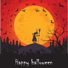 vector halloween party orange illustration with silhouettes of dead trees, witch bats