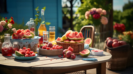 an outdoor dining table in summer with several picnic baskets of different items