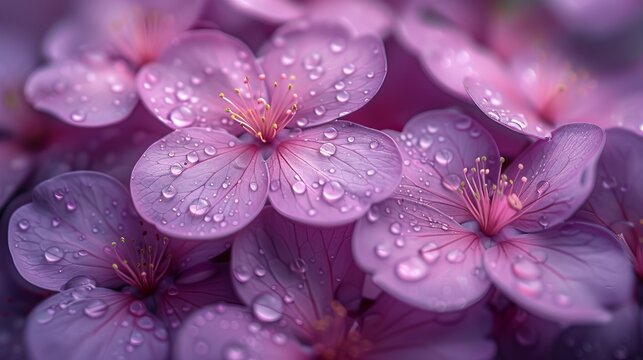   A detailed image of several flowers with water drops on their pink petals