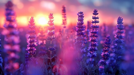   A field full of purple flowers with the sun setting in the distance is a field of purple flowers