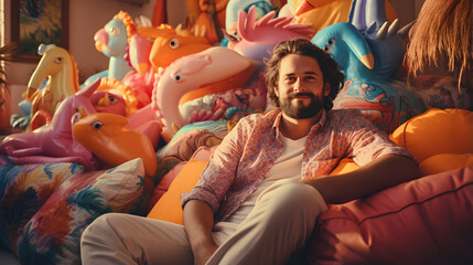 bearded happy young male man sitting on beach towel and inflatable toys in the living room - obrazy, fototapety, plakaty