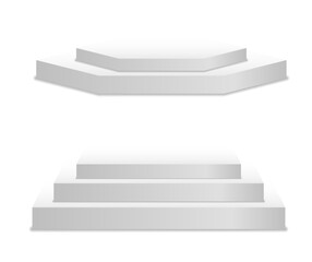 White 3d podium mockup in different shapes. Pedestal and platform, stand stage, cylinder. Template for promotional items. Round and square empty stages and podium stairs vector 3d