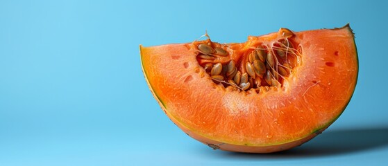  A halved cantaloupe with a nibble removed set against a blue backdrop