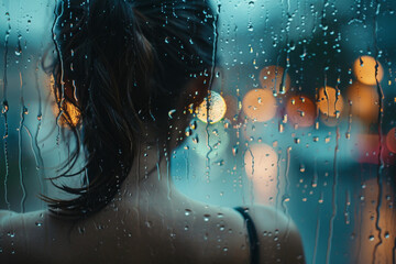 woman staring at the window with rainy day - obrazy, fototapety, plakaty