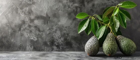   A trio of avocados perched atop a table, beside a verdant foliage plant, against a backdrop of gray - obrazy, fototapety, plakaty
