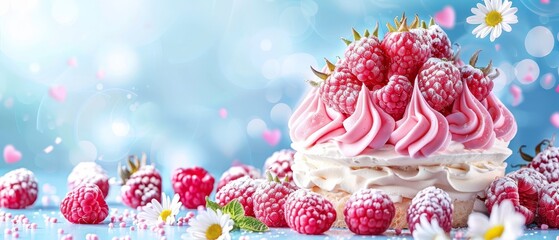   Close-up photo of a delicious cake topped with creamy frosting and fresh strawberries, sitting on a table with vibrant flowers and daisies in the background