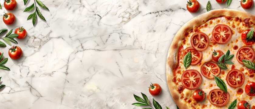   A close-up of a pizza on a marble surface, featuring tomatoes and basil on both the top and bottom