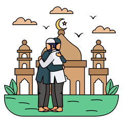 hugging each other to pass Eid greetings Concept, expressing love and brotherhood vector colorline Design, Ramadan and Eid al-Fitr Symbol, Islamic and Muslim fasting Sign, Arabic holidays celebration