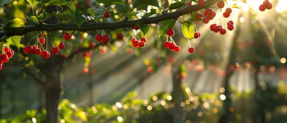   A group of cherries dangling on a branch with sunlight filtering through the foliage and branches above