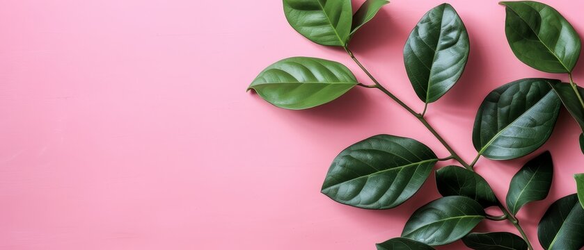   A plant with green leaves on a pink background