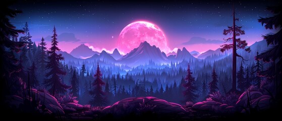   A stunning nighttime image of a full moon against majestic mountains and lush trees - obrazy, fototapety, plakaty