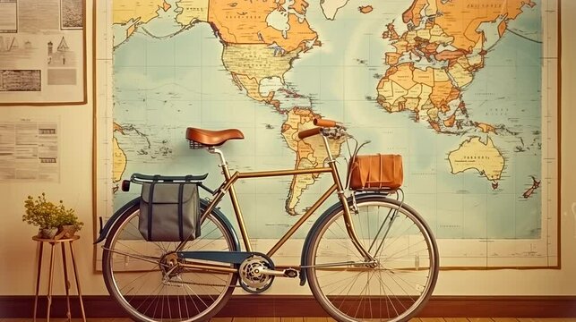 Retro bicycle against wall adorned with travel maps. Vintage old timey effects looping 4k video animation background