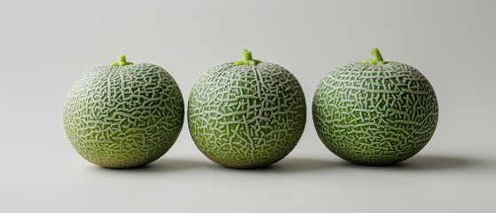   Three melons resting on white surface against gray backdrop