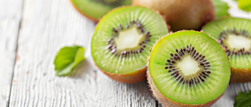   A halved kiwi rests atop a white table with surrounding kiwis and leaves
