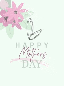 Happy Mother's Day - modern abstract poster (banner, card) in flat style. Primitive flowers and leaves with text in burgundy and menthol colors. Fashion digital illustration.