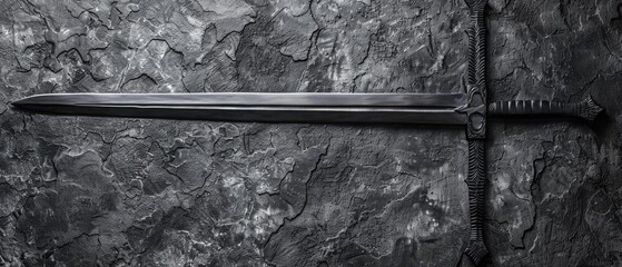  monochrome picture of a sharp sword resting against a gray stone background, with a thin rope attached to its tip