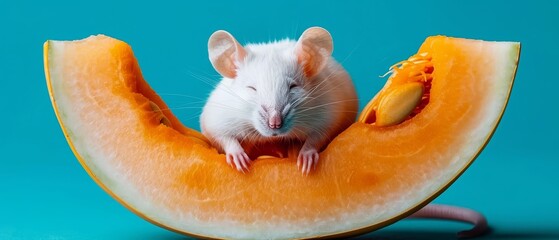   A rat sat atop a watermelon slice with its front paws