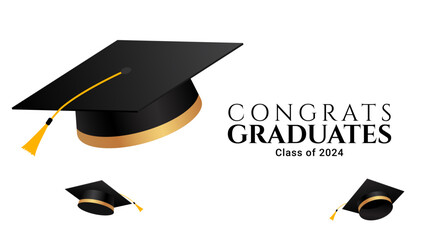 Congrats graduates. Congratulation lettering design with academic cap. Vector Illustration 