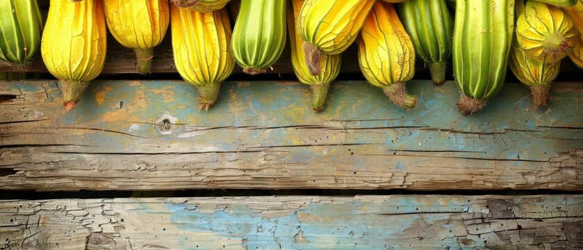   A cluster of yellow and green bananas dangling from a wooden framework, next to peeling paint on the adjacent wall