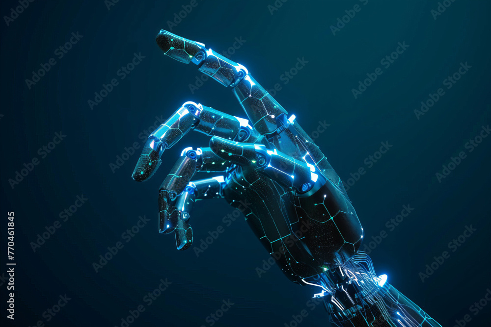 Poster a robotic hand with blue lights is shown in a dark blue background. the hand is pointing to somethin