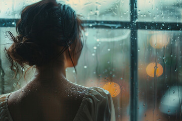 Young woman by window looking at the rain