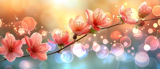   A detailed image of a blossom on a tree branch surrounded by hazy light in the distance and a soft, fuzzy light effect in the background