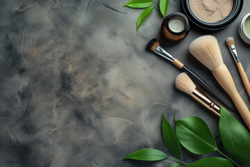 A makeup brush set is displayed on a grey background with a leafy green background. The brushes are arranged in a way that they look like they are ready to be used. Scene is one of beauty and elegance - obrazy, fototapety, plakaty