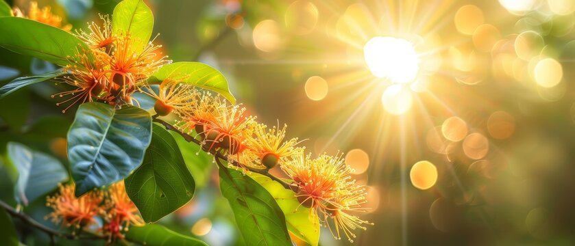   A photo of close-up flowers on a tree with sunlight filtering through the trees in the backdrop