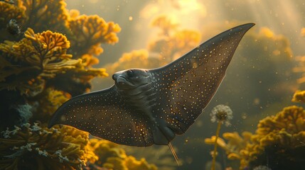  A manta ray, with its wings spread wide, gracefully glides through the water - obrazy, fototapety, plakaty